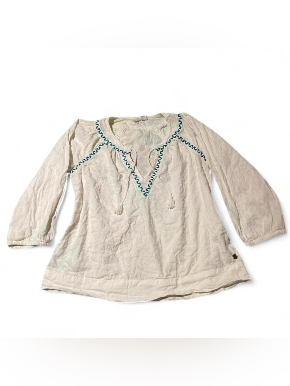 Roxy Cream Peasant Tunic with Turquoise Embroidered Trim